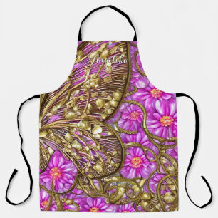 Elegant Gold Butterfly Pink Daisies Custom Name Apron