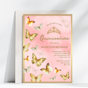 Elegant Gold Butterfly Pink Quinceañera Invitation