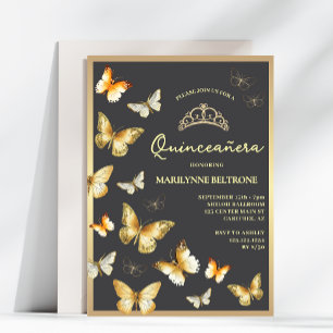 Elegant Gold Butterfly Tiara Quinceañera Invitation
