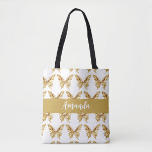 Elegant Gold Butterly Pattern Name Tote Bag