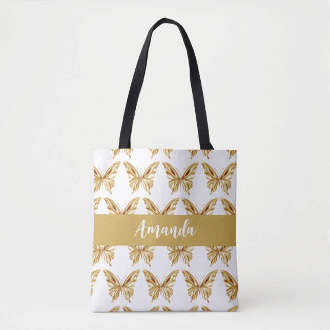 Elegant Gold Butterly Pattern Name Tote Bag (Front)