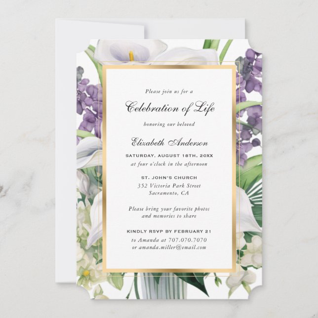 Elegant Gold Calla Lily Photo Celebration of Life Invitation (Front)