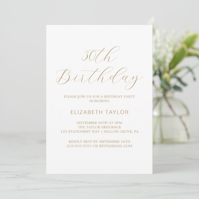 Elegant Gold Calligraphy 30th Birthday Invitation (Standing Front)