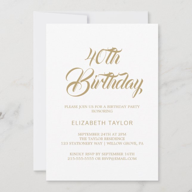 Elegant Gold Calligraphy 40th Birthday Invitation (Front)