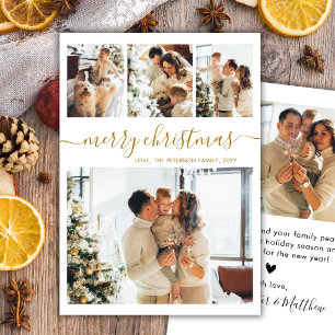 Elegant Gold Calligraphy 4 Photo Collage Christmas Holiday Card