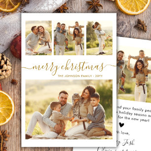 Elegant Gold Calligraphy 4 Photo Collage Christmas Holiday Card