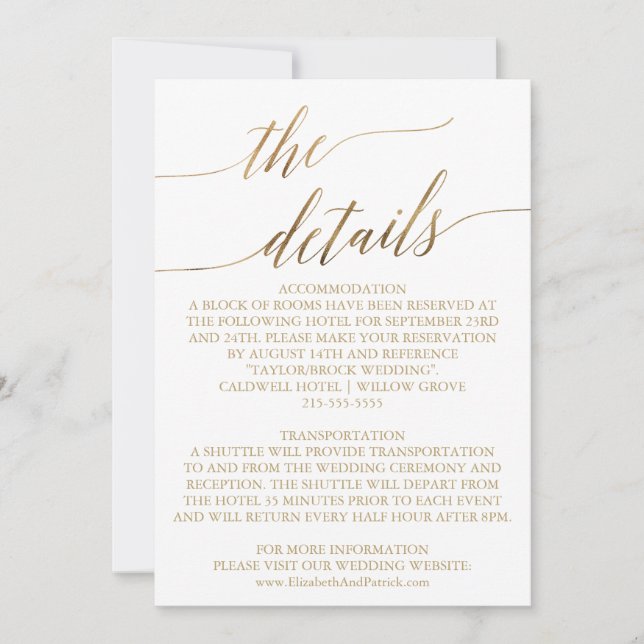 Elegant Gold Calligraphy 5x7" Wedding Details Card (Front)