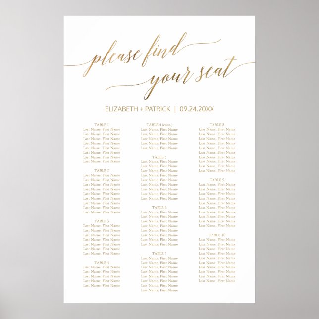 Elegant Gold Calligraphy 90+ Guest Seating Chart (Front)