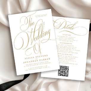 Elegant gold calligraphy all in one white wedding invitation
