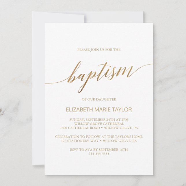 Elegant Gold Calligraphy Baptism Invitation (Front)