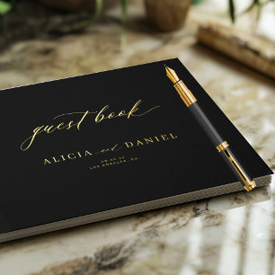 Elegant gold calligraphy black minimalist wedding guest book