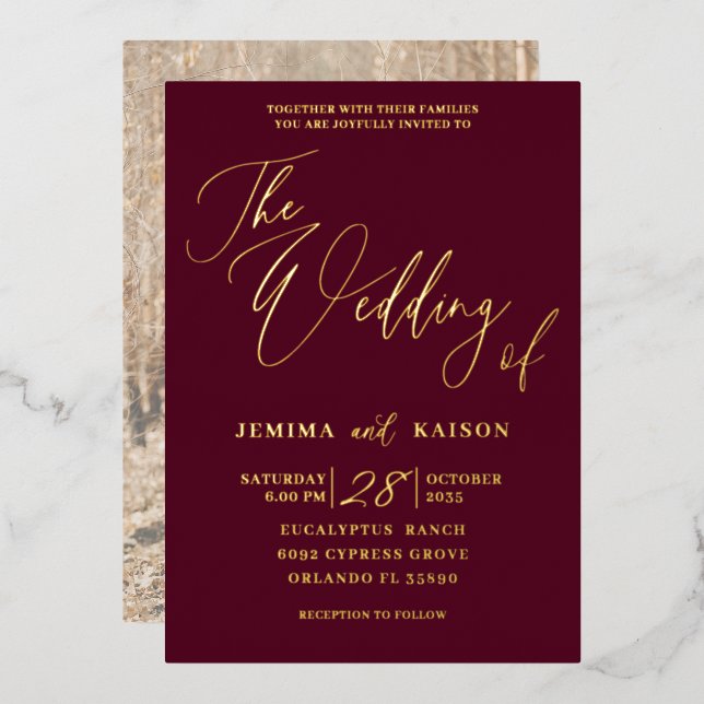 Elegant Gold Calligraphy Burgundy Wedding (Front/Back)