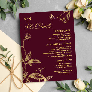 Elegant gold calligraphy burgundy wedding details enclosure card