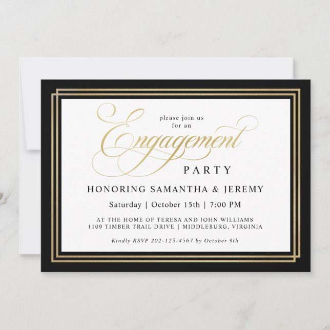 Elegant Gold Calligraphy Engagement Party Invitation (Front)