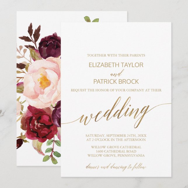 Elegant Gold Calligraphy | Floral Backing Wedding Invitation (Front/Back)