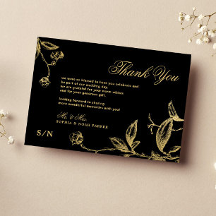 Elegant gold calligraphy floral black wedding thank you card
