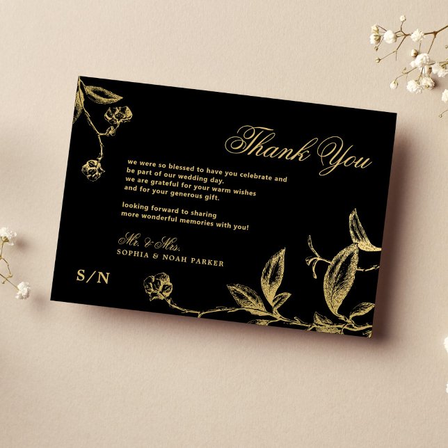 Elegant gold calligraphy floral black wedding thank you card (Creator Uploaded)