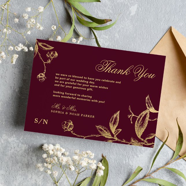 Elegant gold calligraphy floral burgundy wedding thank you card (Creator Uploaded)