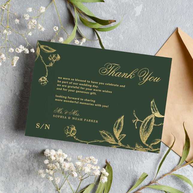Elegant gold calligraphy floral green wedding thank you card (Creator Uploaded)