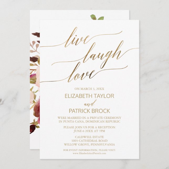 Elegant Gold Calligraphy | Floral Live Laugh Love Invitation (Front/Back)