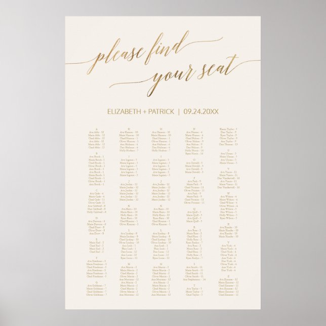 Elegant Gold Calligraphy Ivory 200+ Seating Chart (Front)