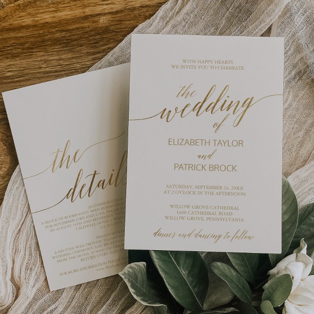 Elegant Gold Calligraphy Ivory All in One Wedding Invitation (Creator Uploaded)