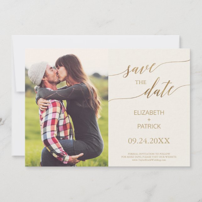 Elegant Gold Calligraphy Ivory Photo Save the Date (Front)