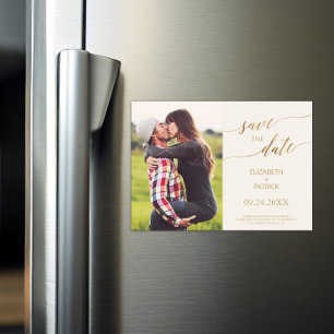 Elegant Gold Calligraphy Ivory Photo Save the Date Magnetic Invitation