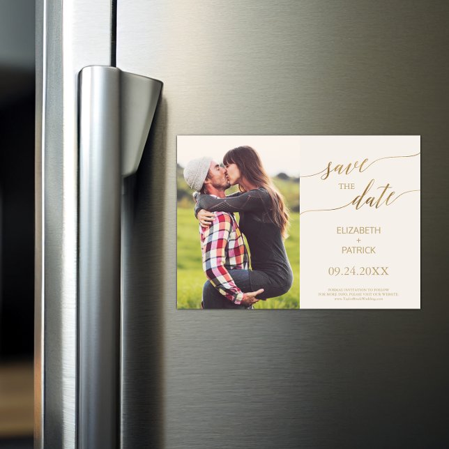 Elegant Gold Calligraphy Ivory Photo Save the Date Magnetic Invitation (Creator Uploaded)