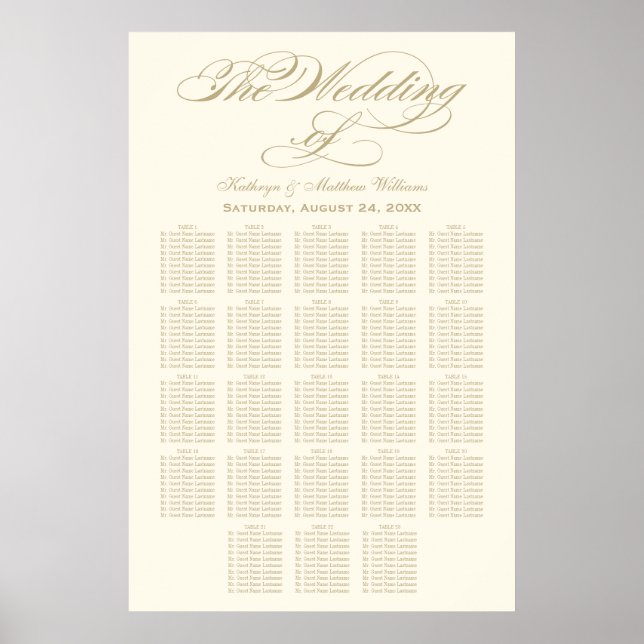 Elegant Gold Calligraphy Ivory Wedding Seating Poster (Front)