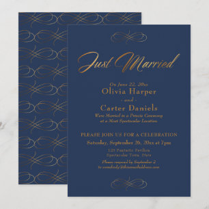 Elegant Gold Calligraphy Just Married on Navy Invitation