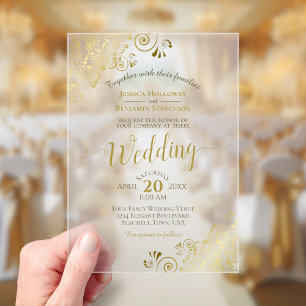 Elegant Gold Calligraphy Lacy Decorative Wedding Acrylic Invitations