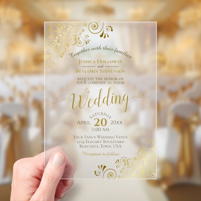 Elegant Gold Calligraphy Lacy Decorative Wedding Acrylic Invitations (Frosted Acrylic with Rectangle Cut)
