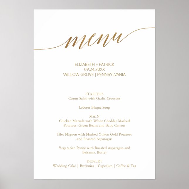 Elegant Gold Calligraphy Large Wedding Menu Sign (Front)