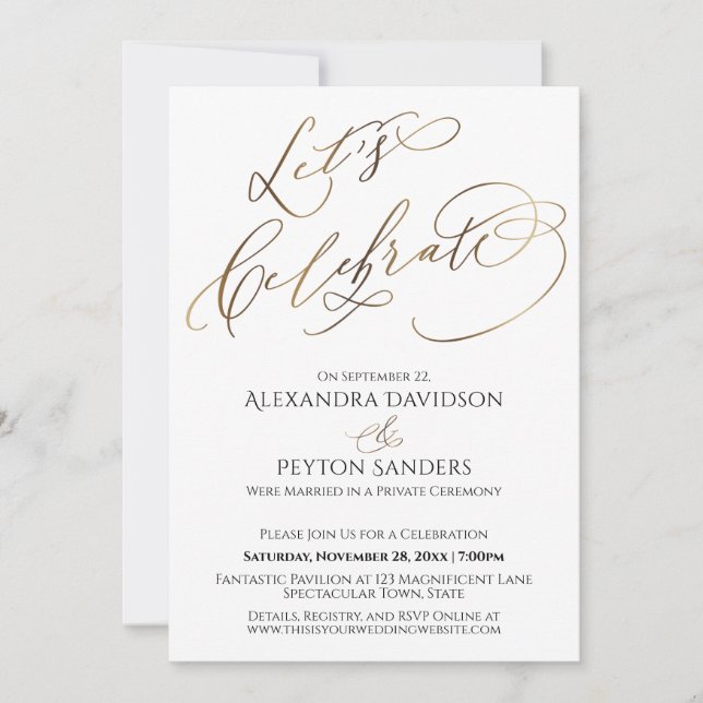 Elegant Gold Calligraphy Let's Celebrate Reception Invitation (Front)