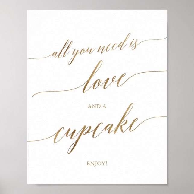 Elegant Gold Calligraphy Love and a Cupcake Sign (Front)