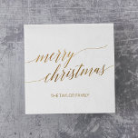 Elegant Gold Calligraphy Merry Christmas Party Napkin<br><div class="desc">This elegant gold calligraphy Merry Christmas party napkin is perfect for a simple holiday event. The neutral design features a minimalist napkin decorated with romantic and whimsical faux gold foil typography. Personalise them with your name. Please Note: This design does not feature real gold foil. It is a high quality...</div>