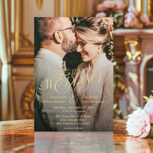 Elegant Gold Calligraphy Modern Photo Wedding Invitation