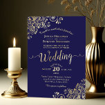 Elegant Gold Calligraphy Navy Blue Frilly Wedding<br><div class="desc">This beautiful wedding invitation features real foil printing on a navy blue background. The beautiful design has lacy script calligraphy with lacy floral filigree in the corners. Stylish,  elegant,  sophisticated,  and chic,  this invitation is fancy and glam. The navy and gold design is perfect for an evening ceremony.</div>