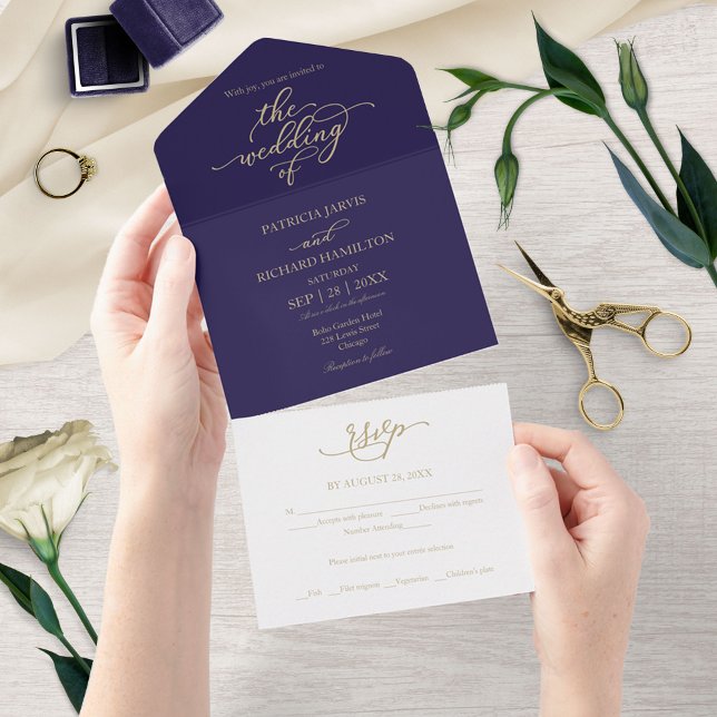 Elegant Gold Calligraphy Navy Blue Wedding  All In One Invitation (Creator Uploaded)