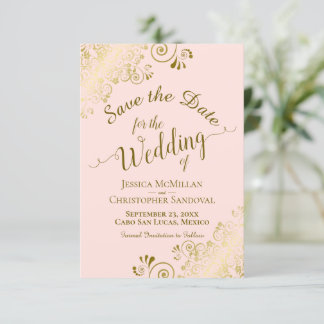 Elegant Gold Calligraphy on Blush Pink Wedding Save The Date