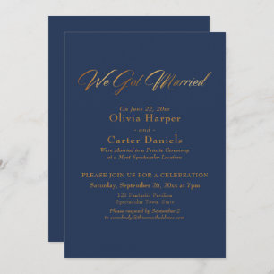 Elegant Gold Calligraphy on Navy We Got Married Invitation