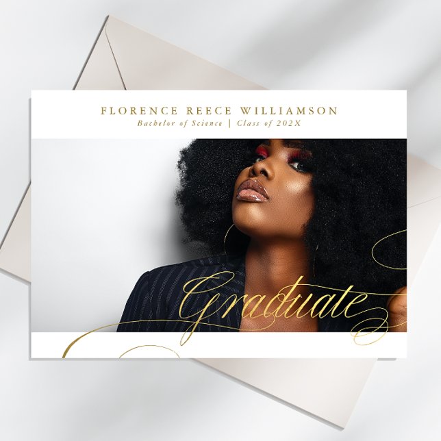 Elegant Gold Calligraphy Photo College Graduation Announcement (Creator Uploaded)