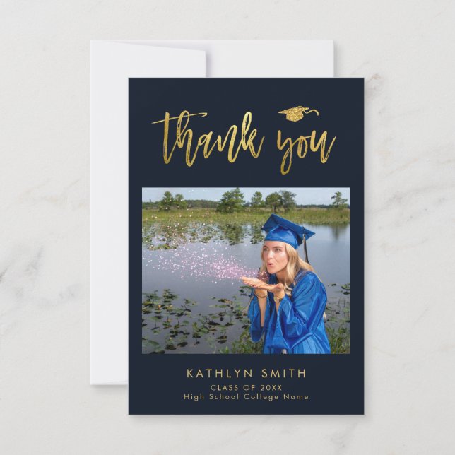 Elegant Gold Calligraphy Photo GRAD Thank You Card (Front)