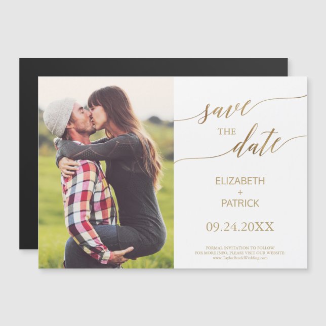 Elegant Gold Calligraphy Photo Save the Date Magnetic Invitation (Front/Back)