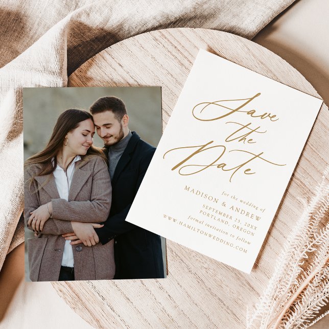 Elegant Gold Calligraphy Photo Wedding Save The Date (Creator Uploaded)