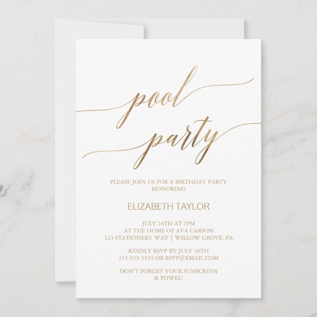 Elegant Gold Calligraphy Pool Party Birthday Invitation (Front)
