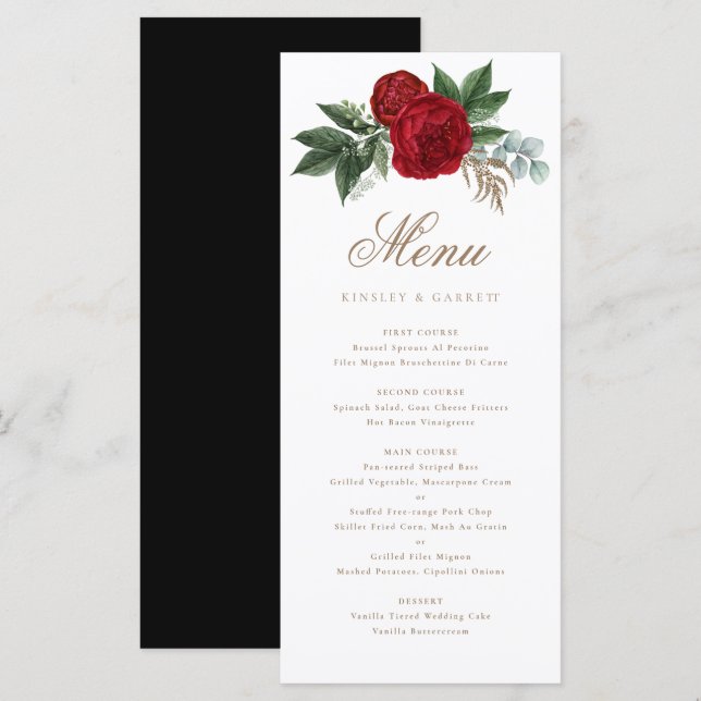 Elegant Gold Calligraphy Red Floral Black & White Menu (Front/Back)