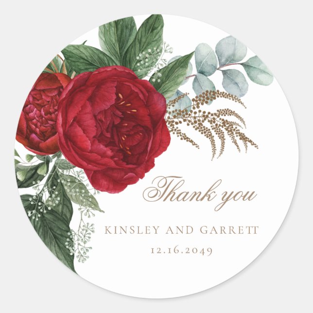 Elegant Gold Calligraphy Red Floral Wedding Classic Round Sticker (Front)