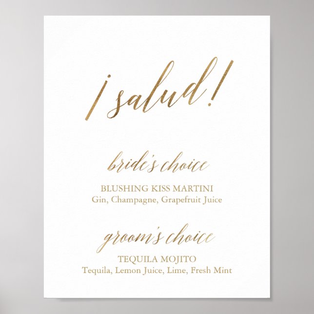 Elegant Gold Calligraphy Salud Drinks Sign (Front)